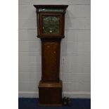 A GEORGE III OAK AND CROSSBANDED LONG CASE CLOCK, the plain hood with twin fluted columns flanking a