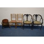 A PAIR OF EDWARDIAN MAHOGANY OPEN ARMCHAIRS, on ball and claw front legs, together with an oak