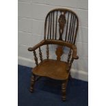 AN 18TH CENTURY AND LATER ELM AND OAK WINDSOR ARMCHAIR (cut down and replacement back)