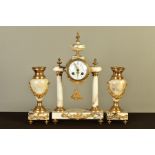 A 19TH CENTURY FRENCH VARIEGATED MARBLE AND GILT METAL CLOCK GARNITURE, the drum shaped dial case