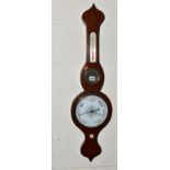 A VICTORIAN MAHOGANY AND PAINTED WHEEL BAROMETER, the silver painted decoration to front edge of