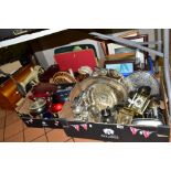 FOUR BOXES AND LOOSE METALWARES, SUNDRIES, PICTURES ETC, to include a Union sewing machine, soda