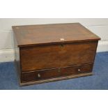 A SMALL GEORGIAN OAK AND MAHOGANY CROSSBANDED OAK MULE CHEST, the lid with a carved interior