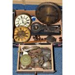 A BOX AND DRAWER OF CLOCK PARTS, etc, including a metal sunburst electric clock, a Westclock 'Baby