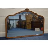 A MODERN MAHOGANY BEVELLED EDGE OVERMANTEL MIRROR, 127cm x 89cm