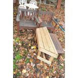 A PAIR OF MODERN SLATTED HARDWOOD GARDEN CHAIRS, width 68cm, a matching occasional table and a