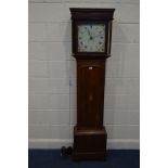 A GEORGE IV OAK 30 HOUR LONGCASE CLOCK, with a plain hood with twin cylindrical pillars, the