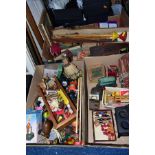 THREE BOXES OF VINTAGE TOYS, DOLL'S HOUSE DOLLS AND FURNITURE, Crescent cast iron stove, incomplete,