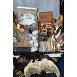 TWO BOXES OF CERAMICS, GLASSWARE, POSTCARDS, FUR JACKET, STOLES, SEWING BOX, ETC, including a Holy