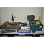 THREE BOXES CONTAINING HAND TOOLS, including a Rabone and Sons tape measure, an Anchor Riveter,