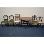 AN OAK BARLEY TWIST GATE LEG TABLE, together with six various period chairs, to include two mahogany