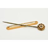A 9CT GOLD BAR BROOCH AND A STICK PIN, the bar brooch of an engine turn design, hallmarked 9ct