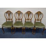 A SET OF FOUR 19TH CENTURY MAHOGANY AND MARQUETRY INLAID SHIELD BACK CHAIRS on cabriole front legs