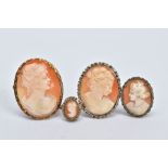 A SMALL QUANTITY OF CAMEO JEWELLERY, to include a 9ct gold cameo brooch, of oval design, depicting a