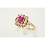 A 9CT GOLD CLUSTER RING, designed as a square cluster, set with a ventral square cut ruby, within