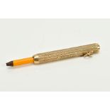 A 9CT GOLD RETRACTABLE PENCIL BY SAMPSON MORDAN, of engine turn design, engraved monogram R.M.A,