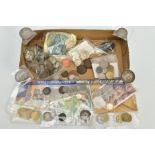 TWO SMALL BOXES OF COINS to include over 590 grams of .500 UK silver, a 1723 George I shilling,