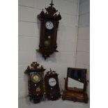 A LATE VICTORIAN WALNUT VIENNA WALL CLOCK, height 96cm, another Vienna wall clock and a modern