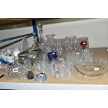 A GROUP OF ASSORTED GLASSWARE, including a heavy cut glass fruit bowl with hallmarked silver rim