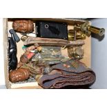 A BOX OF COLLECTABLES, TREEN, ETC, including a late 19th century brass monocular microscope, a
