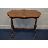 A LATE VICTORIAN BURR WALNUT AND MARQUETY INLAID WORK TABLE, on twin turned supports width 91cm x