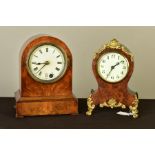 TWO LATE 19TH CENTURY MANTEL CLOCKS, comprising a walnut domed top example, painted dial with