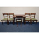 A SET OF FIVE REGENCY MAHOGANY BAR BACK CHAIRS with drop in seat pads, together with a Georgian