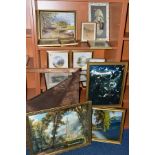 A BOX OF ASSORTED PAINTINGS AND PRINTS, including a pair of hand tinted etchings by Claude R