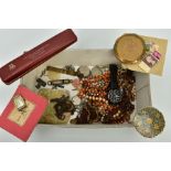 A BOX OF MISCELLANEOUS ITEMS, to include items such as a marcasite brooch in the form of a swallow