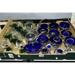 A BOX OF GLASSWARE, SILVER AND CHROME PLATE, etc, including a cruet set, sugar baskets, etc
