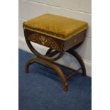 A LATE 19TH/EARLY 20TH CENTURY MAHOGANY, MARQUETRY BONE INLAID X FRAME PIANO STOOL, with gold