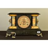 A LATE 19TH CENTURY WOODEN FAUX BLACK SLATE AND MARBLE EFFECT MANTEL CLOCK, with lion mask gilt