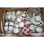A BOX OF ASSORTED TEA WARES, including Paragon 'Sandringham' pattern, part tea set (seconds),