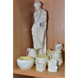 A GROUP OF BELLEEK PORCELAIN, comprising a bisque and glazed figure of a classical lady, modern