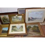 PAINTINGS AND PRINTS, comprising E. Morgan, watercolour of horse and cart beside thatched