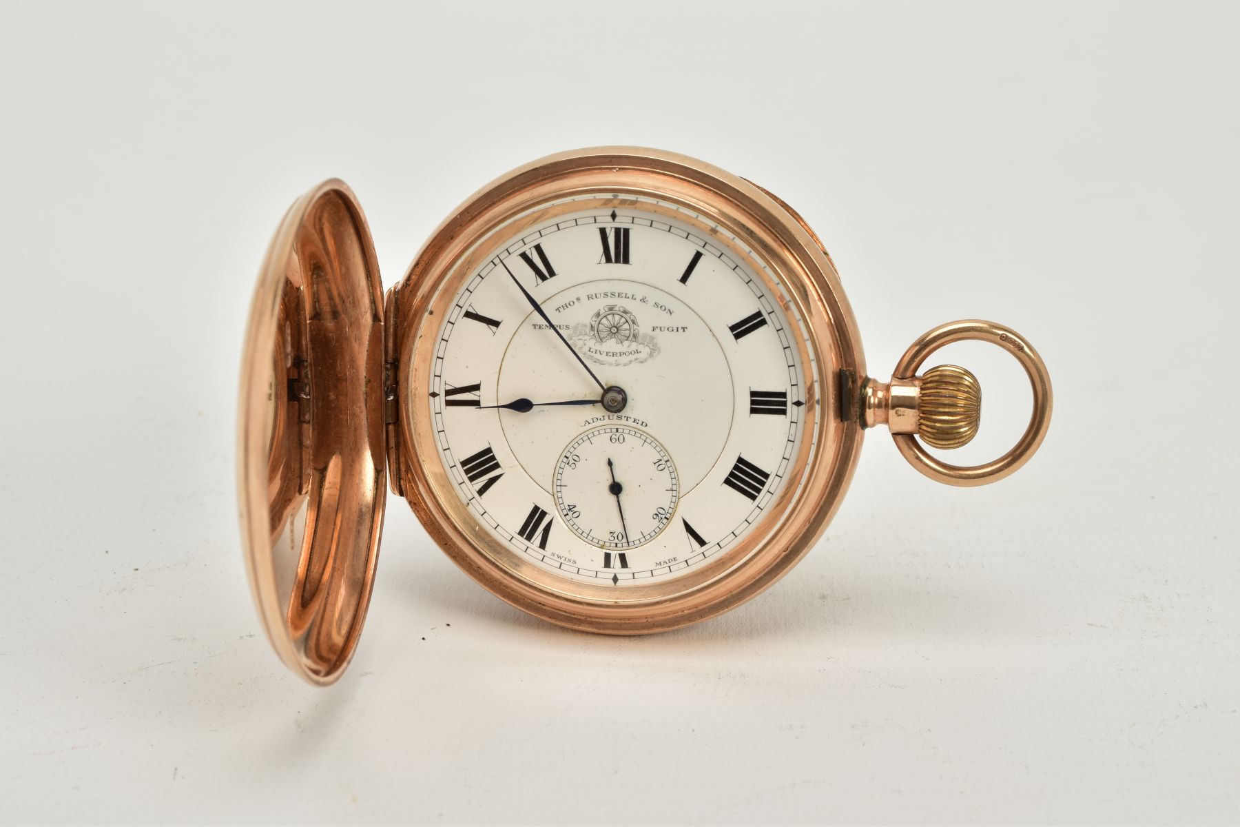 A 9CT GOLD FULL HUNTER POCKET, white dial signed 'Tho's Russell & Son, Liverpool' roman numerals,