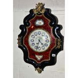 A LATE 19TH CENTURY CONTINENTAL EBONISED, TORTOISESHELL AND GILT METAL WALL CLOCK, the scrolled case