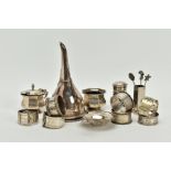A MIXED LOT SILVER AND SILVER PLATED ITEMS, to include a silver plated wine funnel with filter,