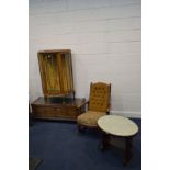 A WALNUT CHINA CABINET, (sd) with two fixed glass shelves, an oak coffee table with a glass top (