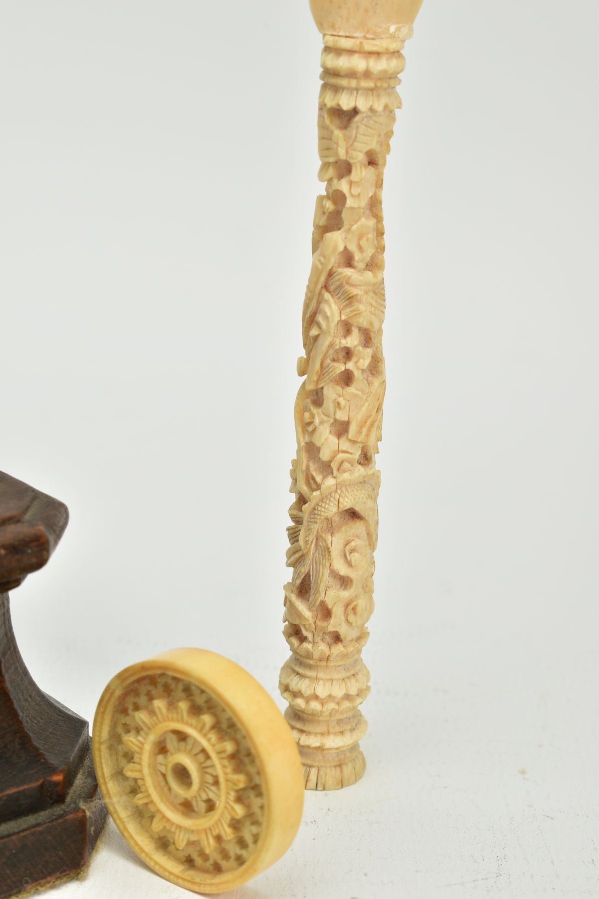 A 19TH CENTURY CARVED IVORY FIGURE OF A SCANTILY CLAD FEMALE WITH A BIRD AND PIPES, mounted on a - Image 5 of 9