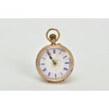 A LADIES OPEN FACED POCKET WATCH, white and blue enamel dial, Roman numerals, within a foliate