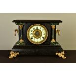 A LATE 19TH CENTURY AMERICAN WOODEN FAUX BLACK SLATE AND MARBLE EFFECT MANTEL CLOCK, gilt metal