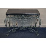 A PASTEL GREEN PAINTED WROUGHT IRON BLACK MARBLE TOP CONSOLE TABLE, with floral and scrolled