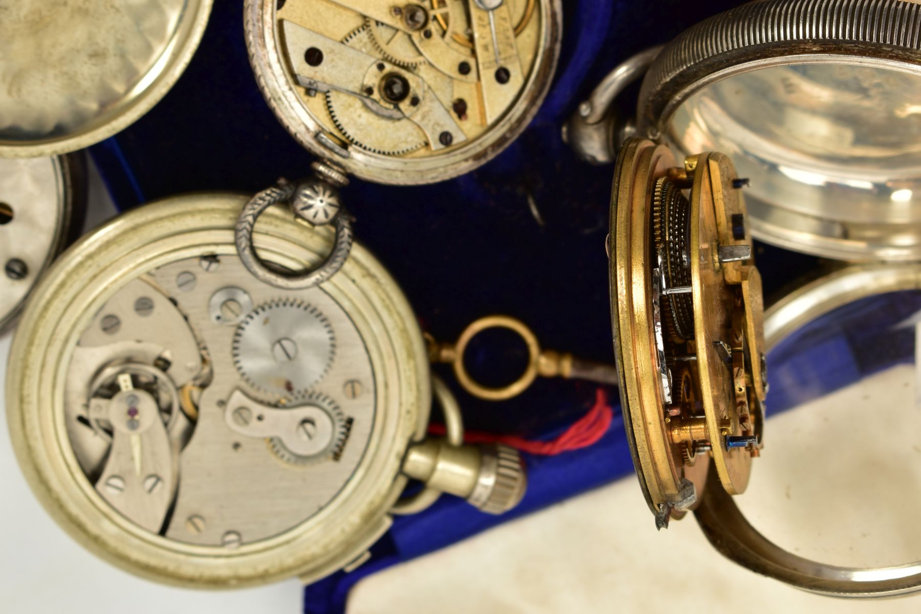 THREE POCKET WATCHES AND A STOP WATCH, to include a silver open faced watch, white dial, Roman - Image 7 of 7