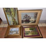 FOUR OIL PAINTINGS, comprising landscape with river, signed Rudas, landscape with river and boat,