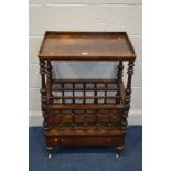 A VICTORIAN ROSEWOOD CANTERBURY, with a gallery top, turned and fluted supports, three divisions