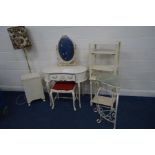 A WHITE PAINTED KIDNEY DRESSING TABLE with a swing mirror (sd), similar stool, a wicker linen