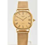 A GENTS 9CT GOLD LONGINES WRISTWATCH, cushion shape case measuring approximately 32mm in diameter,