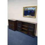 A SLIM DARK OAK BOOKCASE, flanked by lead glazed doors, width 163cm, a similar two door TV cabinet