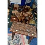 TWO BOXES AND LOOSE WOOD AND TREEN OBJECTS to include candlesticks, bowls, comport, ice buckets,